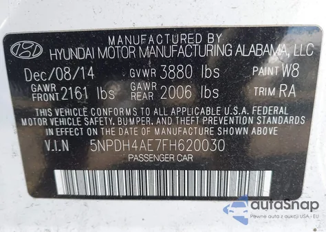 2015 Hyundai Elantra Se from USA, damaged, VIN 5NPDH4AE7FH620030